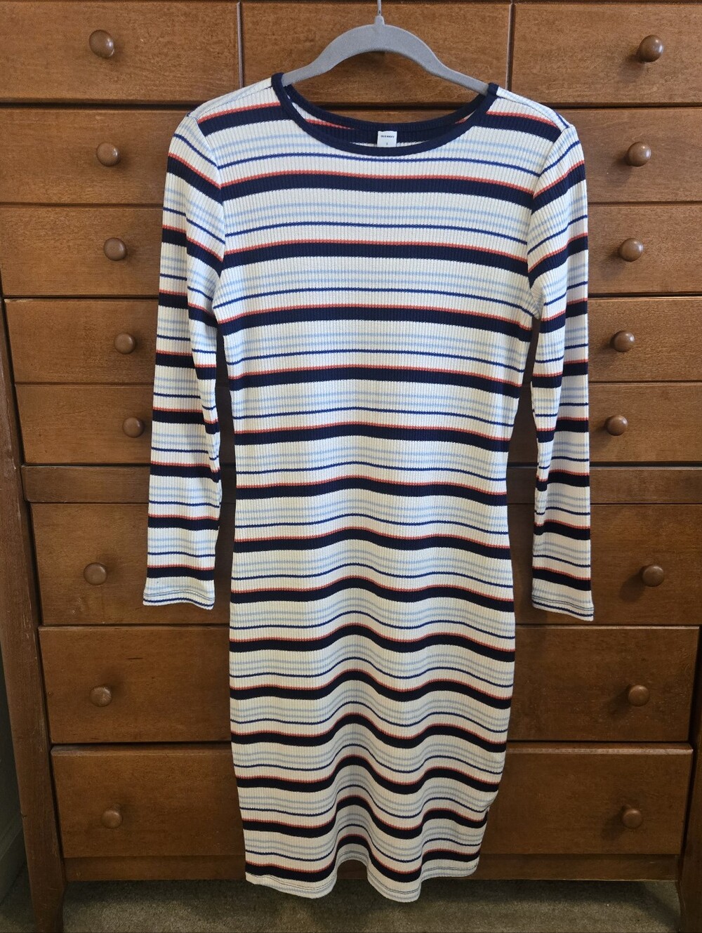 Old Navy Cream, Navy & Red Ribbed Long Sleeve Midi Dress